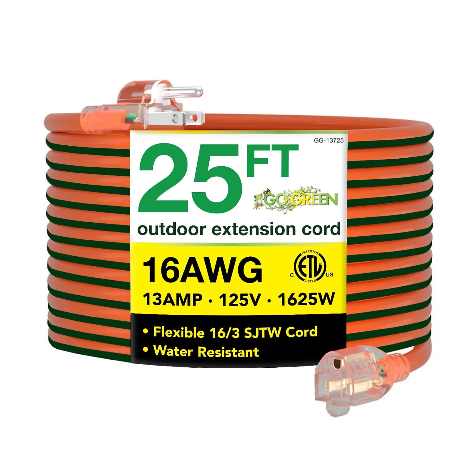 GoGreen Power 25 Indoor/Outdoor Extension Cord, 16 AWG, Orange (GG-13725)