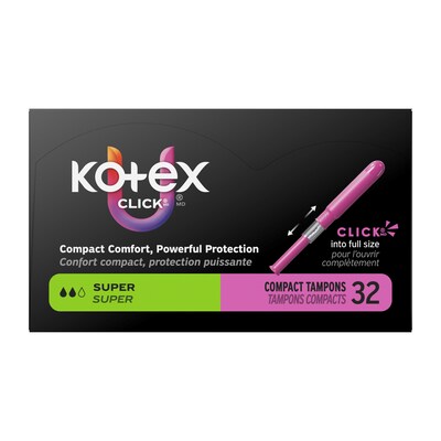 U by Kotex Click Super Absorbency Compact Tampon, Plastic Applicator, Unscented, 32/Pack (51584)