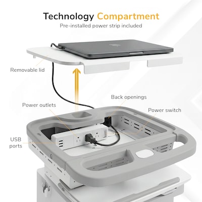 Mount-It! MedHub Powered Height-Adjustable Mobile Cart Workstation with Drawers & Built-In Power Strip, White/Gray (MI-16057)