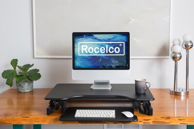 Rocelco 32" Height Adjustable Standing Desk Converter with Anti Fatigue Mat, Stand Up Laptop Riser, Black (R EADRB-MAFM)