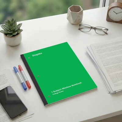 Staples Wireless 1-Subject Notebook, 8.5" x 11", College Ruled, 80 Sheets, Green (ST58380C)