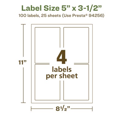 Avery EcoFriendly Laser/Inkjet Rectangle Multipurpose Labels, 5" x 3-1/2", White, 100/Pack (94256)