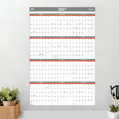 2027 Staples 36" x 24" Yearly Wall Calendar, Reversible, White/Red/Gray (ST53903-27)