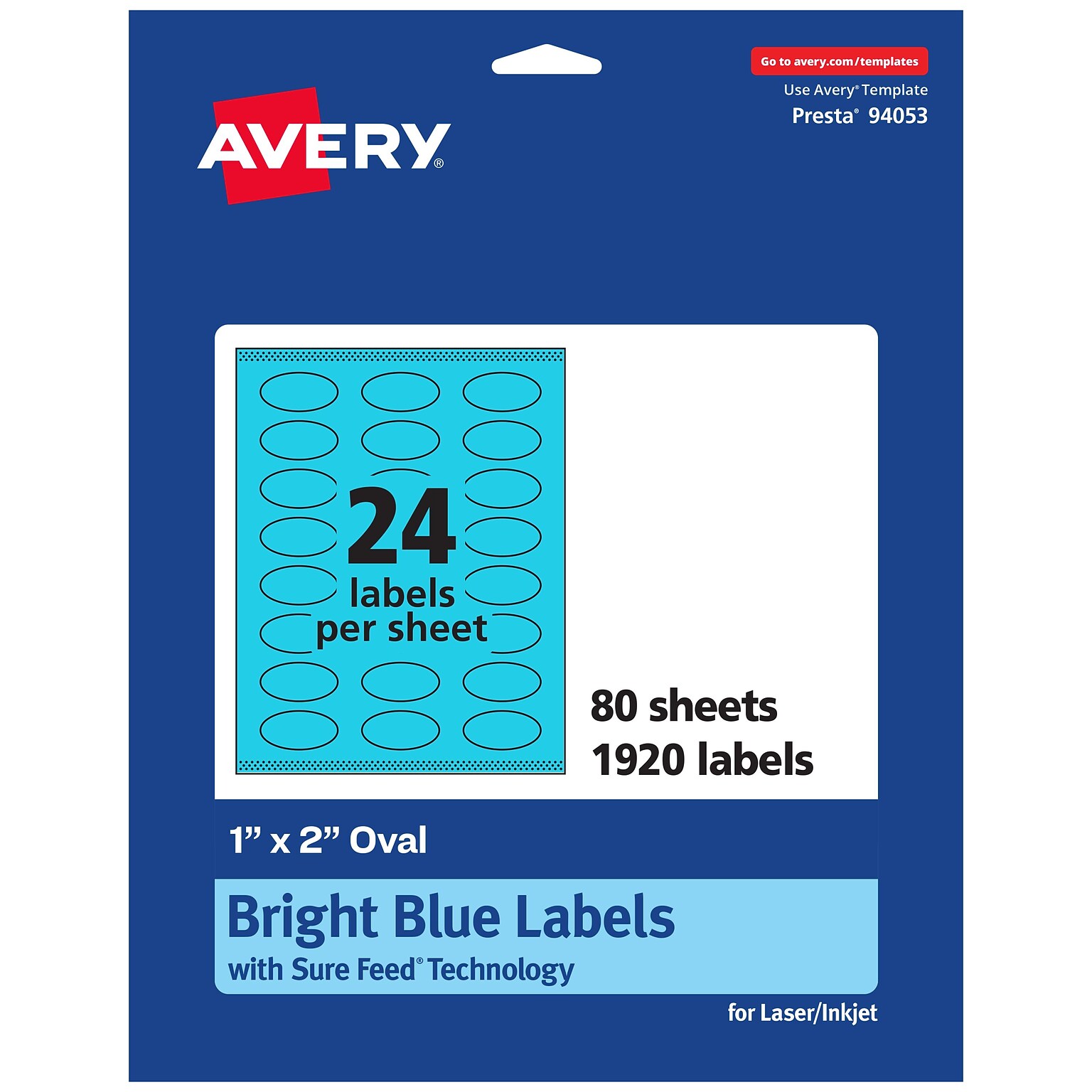 Avery Oval Multipurpose Labels, 1 x 2, Bright Blue, 1920/Box (94053)