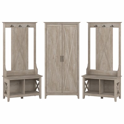 Bush Furniture Key West 66 Entryway Storage Set with Hall Tree, Shoe Bench and Tall Cabinet, Washed