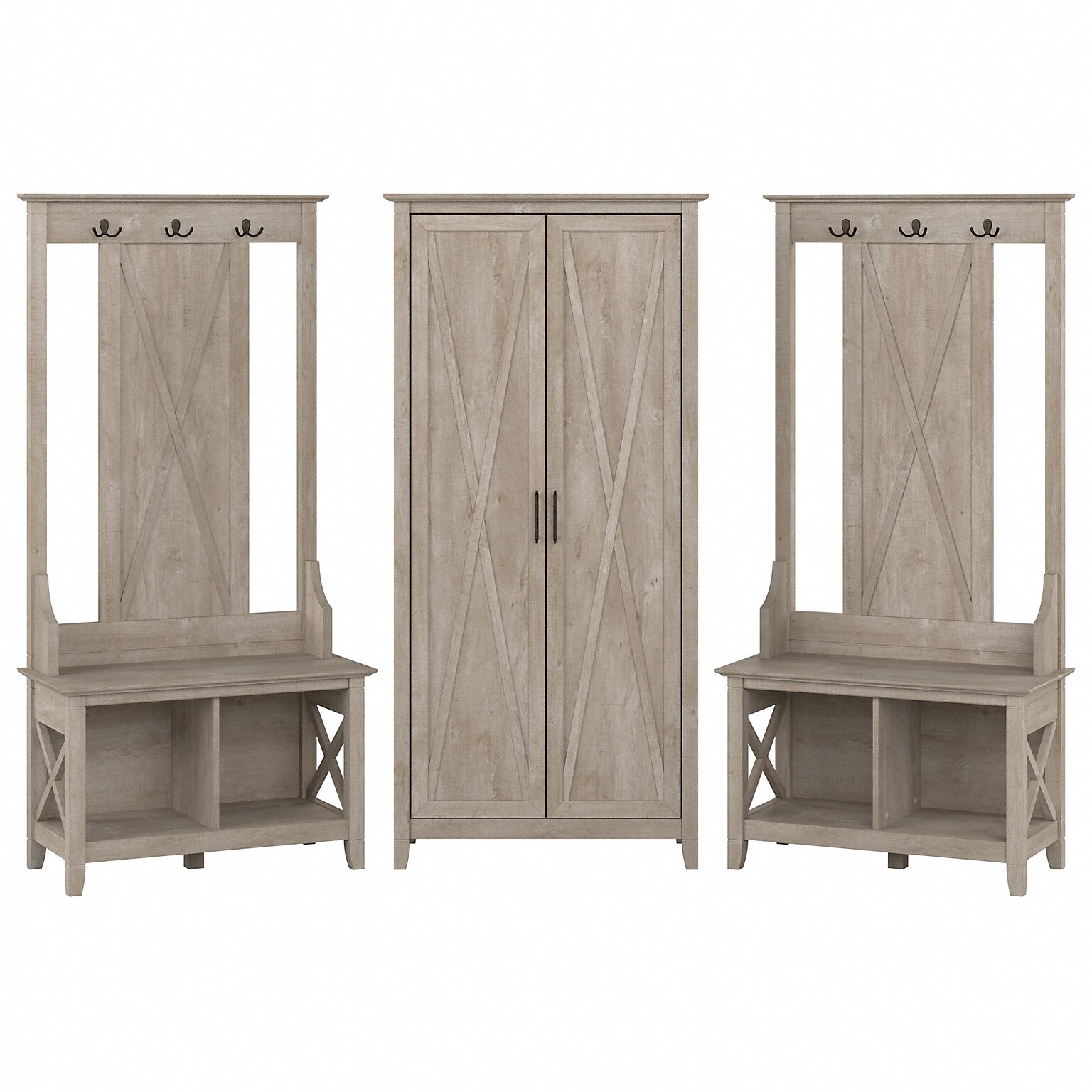 Bush Furniture Key West 66 Entryway Storage Set with Hall Tree, Shoe Bench and Tall Cabinet, Washed Gray (KWS057WG)