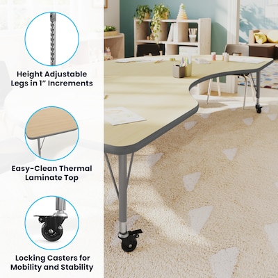 Flash Furniture Wren Kidney Activity Table, 96" x 48", Height Adjustable, Light Natural Top/Silver Frame (XUA4896KDLNTPC)