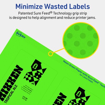 Avery Laser/Inkjet Multipurpose Rectangle Labels, 4" x 3", Neon Green, 80/Pack (94252)