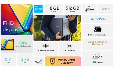 ASUS Vivobook 15 FHD 15.6 Laptop, Intel Core i3-1315U, 8GB RAM, 512GB SSD, Windows 11
