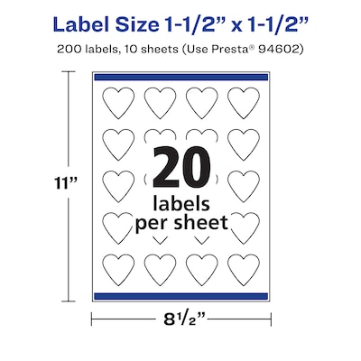 Avery Waterproof Heart Shaped Laser/Inkjet Multipurpose Labels, 1.5" x 1.5", White, 200/Pack (94602)