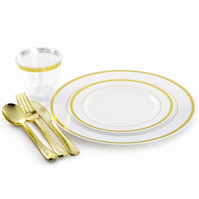 Elama Round Plastic Dinnerware Set, White/Gold, 600 Pieces (935124342M)