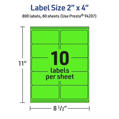 Avery Laser/Inkjet Multipurpose Rectangle Labels, 2" x 4", Neon Green, 800/Box (94207)