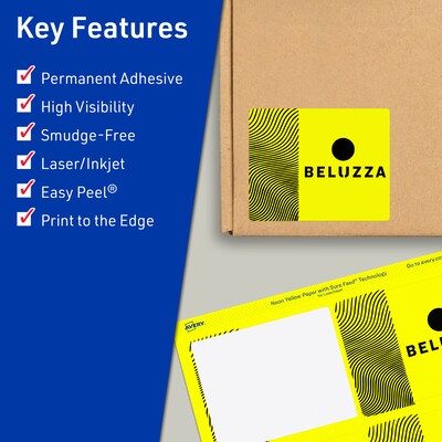 Avery Laser/Inkjet Multipurpose Labels, Neon Yellow, 6 Labels/Sheet, 80 Sheets/Pack (94248-NYP80)