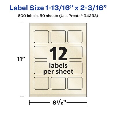 Avery Pearlized Ivory Rectangle Multipurpose Labels, 1-13/16" x 2-3/16", Ivory, 600/Box (94233)