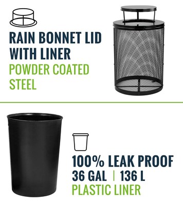 Alpine Industries 4460 Steel Mesh Outdoor Trash Can with Covered Top with Open Sides Lid, 36 Gallon, Black (ALP4460-01-B)