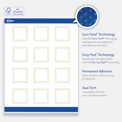 Avery Laser/Inkjet Square Multipurpose Labels, 2" x 2", White, 120/Pack (S00DHY)