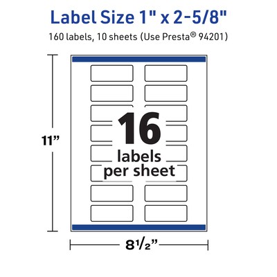 Avery TrueBlock Laser/Inkjet Rectangle Multipurpose Labels, 1" x 2-5/8", White, 160/Pack (94201)