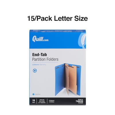 Quill Brand® End-Tab Partition Folders, 2 Partitions, 6 Fasteners, Cobalt Blue, Letter, 15/Box (748026)