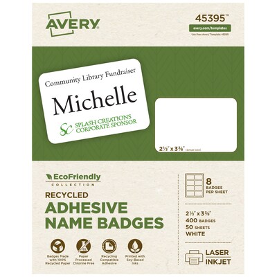Avery EcoFriendly Stick On Sticker Name Tags/Labels, White, 50 Sheets/Pack, 400 Labels/Pack (45395)