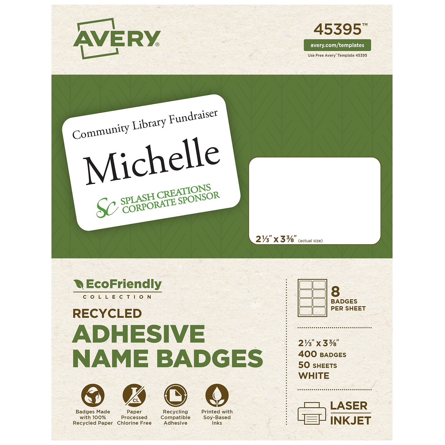 Avery EcoFriendly Stick On Sticker Name Tags/Labels, White, 50 Sheets/Pack, 400 Labels/Pack (45395)