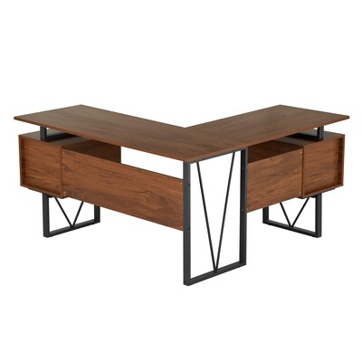 Techni Mobili 59" L-Shaped Desk with Drawers and File Cabinet, Walnut/Black (RTA-4809DL-WAL)