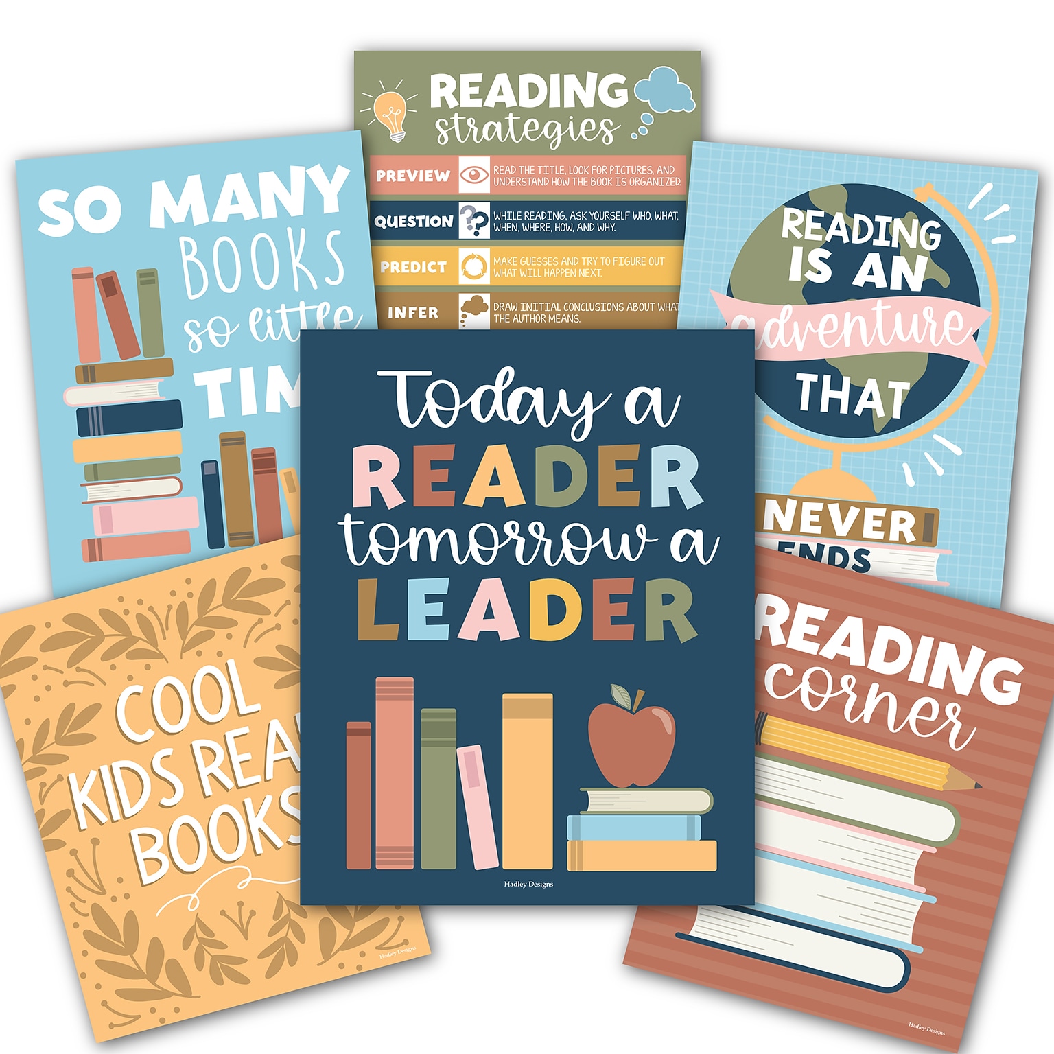 Hadley Designs 11 x 14 Colorful Pastel Reading Posters For Classroom Library Decor, 6/Set (HDDX004A2JPF1)
