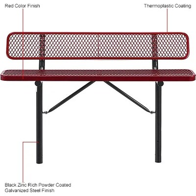 Global Industrial 6' Outdoor Steel Bench w/ Backrest, Expanded Metal, In Ground Mount, Red (277154IRD)