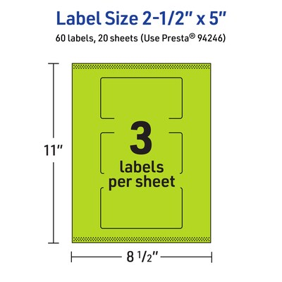 Avery Printable Rectangle Multipurpose Labels, 2.5" x 5", Bright Green, 60/Pack (94246)