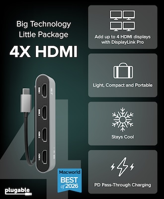 Plugable 100W Power Delivery USB-C to Quad HDMI 4K Adapter, Gray (USBC-7400H4)