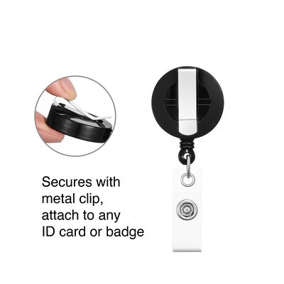 Staples® Badge Reels, 30" Retractable Cord Length, Vinyl/Metal, Black, 25/Pack (18913/3748022)