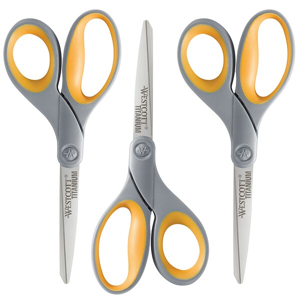 Westcott Titanium Scissors, 7, Straight, Gray/Yellow, for Office, 6 Pack