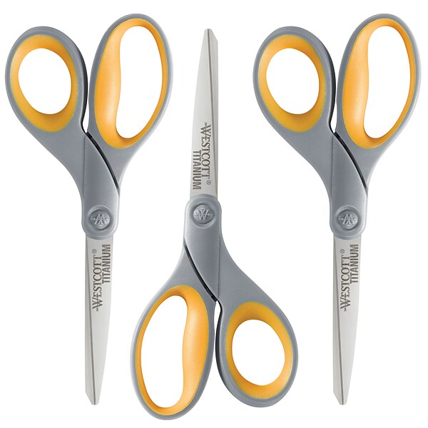 Westcott Titanium Bonded 8 Titanium Multi-Purpose/Heavy Duty Scissor,  Pointed Tip, Gray/Yellow, 3/P