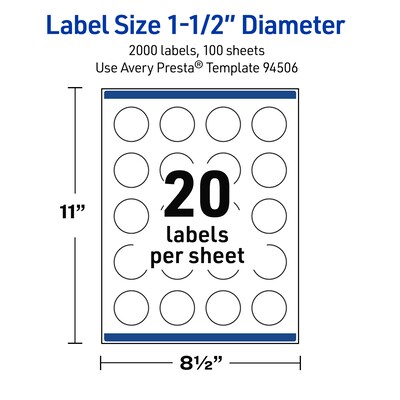 Avery Waterproof Round Laser Multipurpose Labels, 1.5" Dia., White, 2000/Box (19479399427)