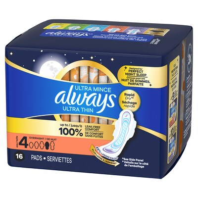 Always Ultra Thin Overnight Cotton Maxi Pads with Wings, Size 4, 16/Pack, 6 Packs/Case (12851)
