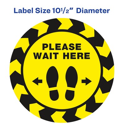 Avery Directional "Please Wait Here" Preprinted Floor Decals, 10.5" Diameter, Yellow/Black, 5/Pack (83020)