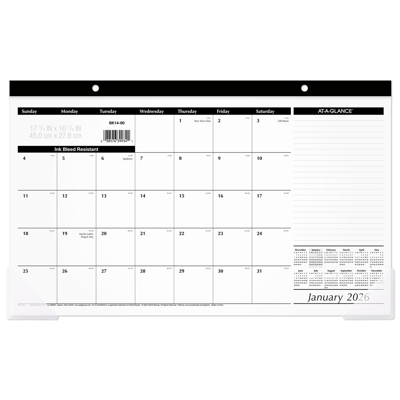 2026 AT-A-GLANCE 17.75 x 11 Monthly Desk Pad Calendar, White/Black (SK14-00-26)