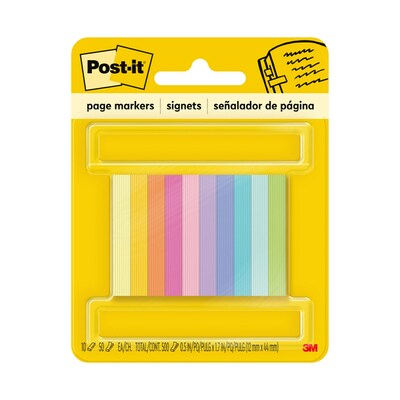 Post-it Page Markers, Assorted Bright Colors, .5 in. x 1.7 in., 50 Markers/Pad, 10 Pads/Pack (670-10