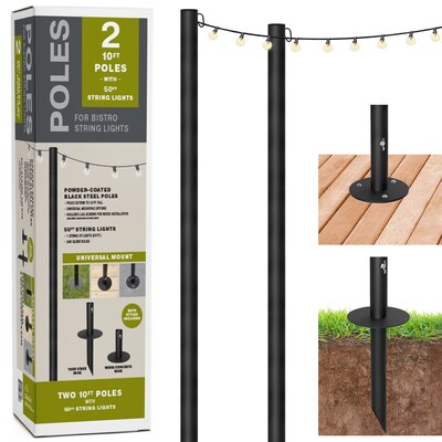 Excello Global Products Bistro Pole for String Lights with 50' G40 Lights, Black, 2/Pack (EGP-HD-0360)