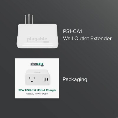 Plugable Wall Outlet Extender with USB-C and USB Charger, White (PS1-CA1)