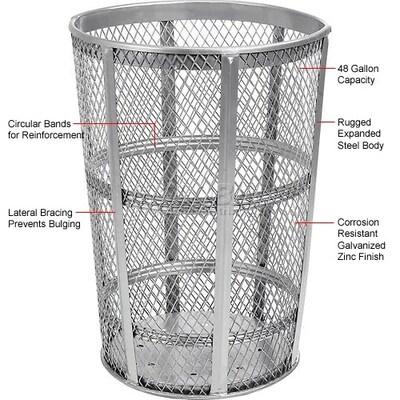 Global Industrial Outdoor Steel Mesh Corrosion-Resistant Trash Can, 48 Gallon, Silver (237633)