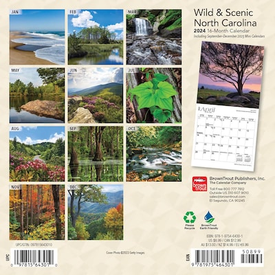 2024 BrownTrout North Carolina Wild & Scenic 7" x 14" Monthly Wall Calendar (9781975464301)