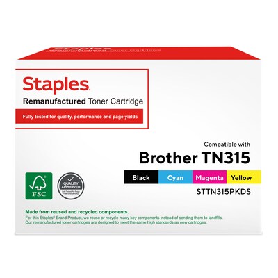 Staples Remanufactured Black/Cyan/Magenta/Yellow High Yield Toner Cartridge Replacement for Brother TN-315 (STTN315PKDS), 4/Pack
