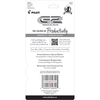 Pilot G2 Blues Retractable Gel Pen, Fine Point, 0.7mm, Assorted Ink, 5/Pack (XPO31001)