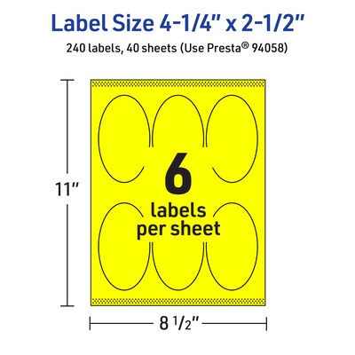 Avery Oval Laser/Inkjet Multipurpose Labels, 4.25" x 2.5", Neon Yellow (240/Box)