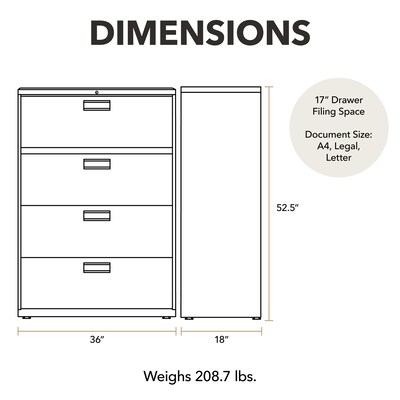 HON Brigade 600 Series 4-Drawer Lateral File Cabinet, Letter/Legal Size, Lockable, 52H x 36W x 18D, Black (HON684LP)