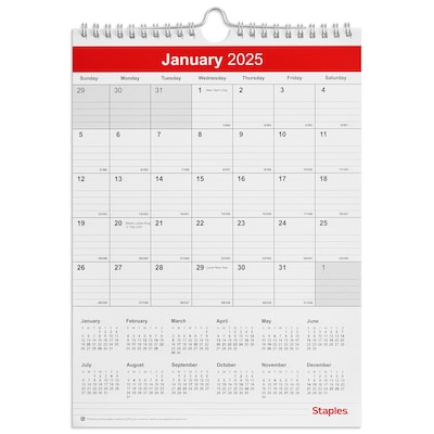 2025 Staples 8 x 11 Wall Calendar, Red/White (ST53922-25)