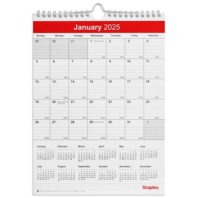 2025 Staples 8 x 11 Wall Calendar, Red/White (ST53922-25)