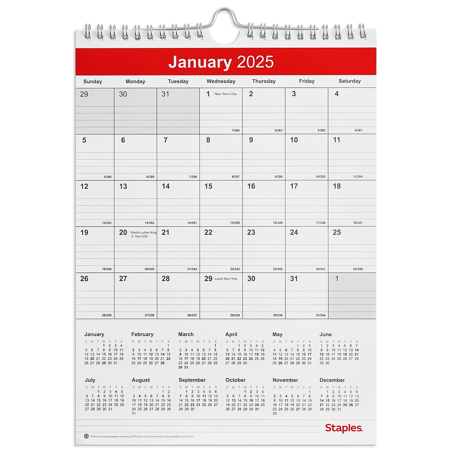 2025 Staples 8 x 11 Wall Calendar, Red/White (ST53922-25)