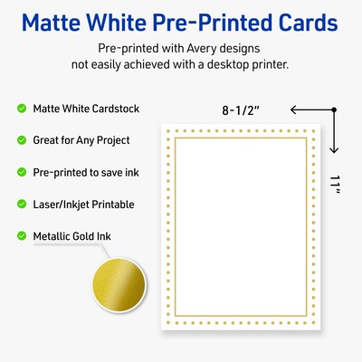 Avery Gold Border with Gold Dots Matte Blank Card, White, 10/Pack (S00-DPE)