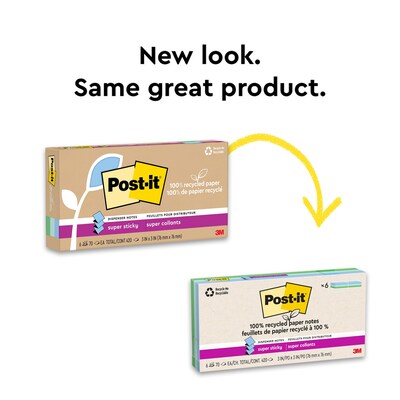 Post-it Oasis Recycled Pop-up Super Sticky Notes, 3" x 3", Oasis Collection, 70 Sheets/Pad, 6 Pads/Pack (R330R-6SST)